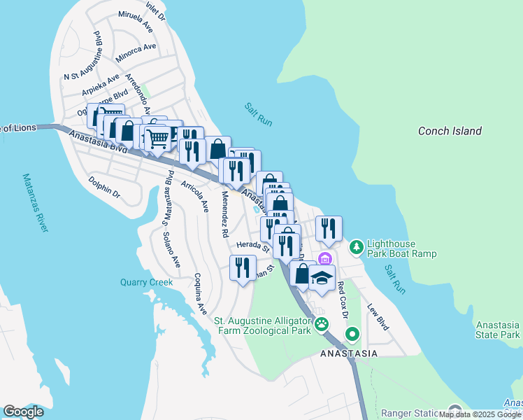 map of restaurants, bars, coffee shops, grocery stores, and more near 723 Highway A1A in St. Augustine