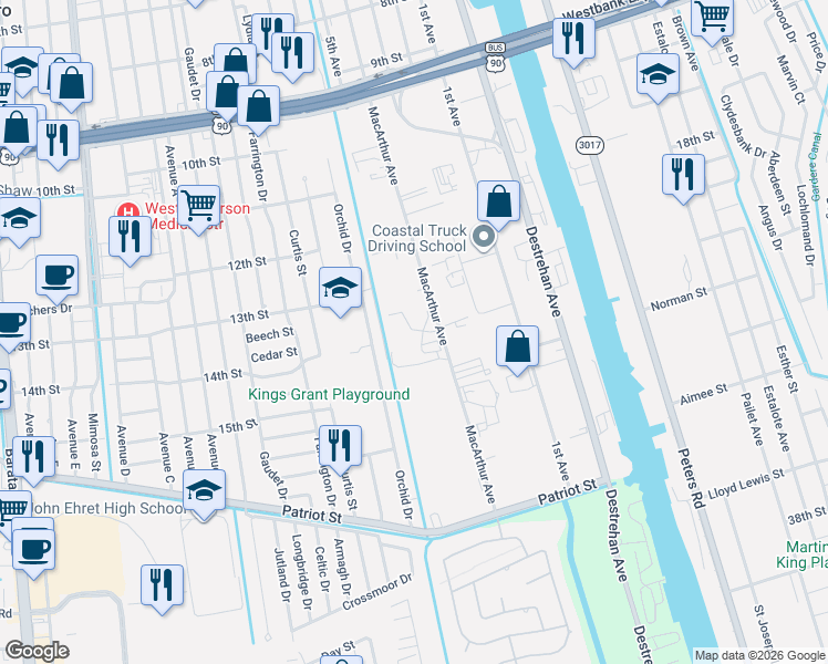 map of restaurants, bars, coffee shops, grocery stores, and more near 1319 Orchid Drive in Harvey