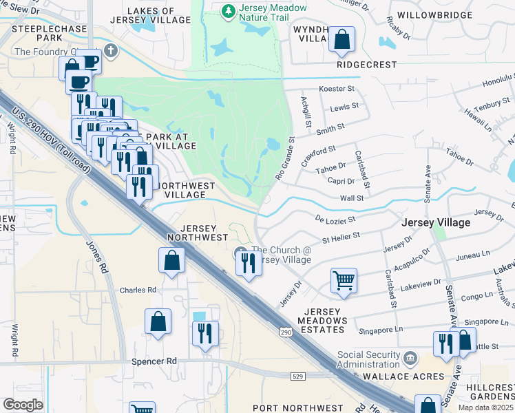 map of restaurants, bars, coffee shops, grocery stores, and more near 16500 Rio Grande Street in Jersey Village