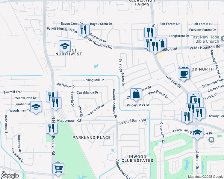 map of restaurants, bars, coffee shops, grocery stores, and more near 10202 Inwood Shadows Street in Houston