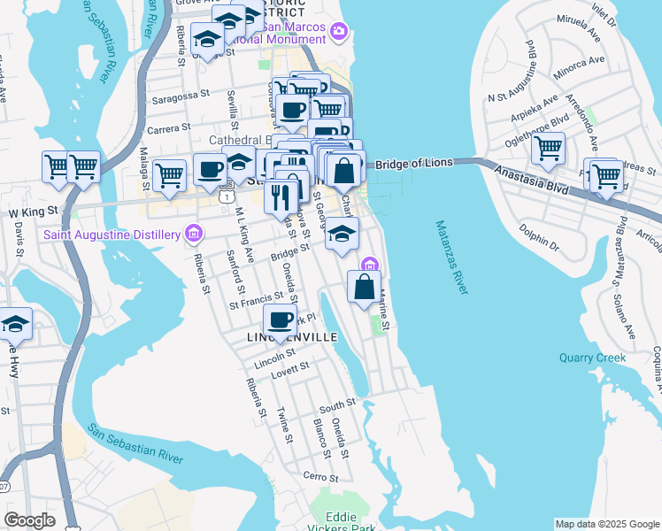 map of restaurants, bars, coffee shops, grocery stores, and more near 262 Saint George Street in St. Augustine