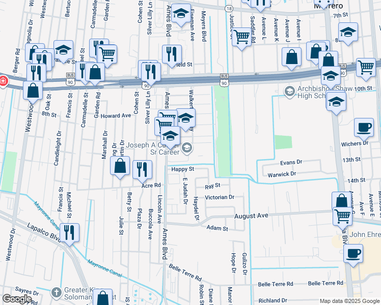 map of restaurants, bars, coffee shops, grocery stores, and more near 1429 Ames Boulevard in Marrero