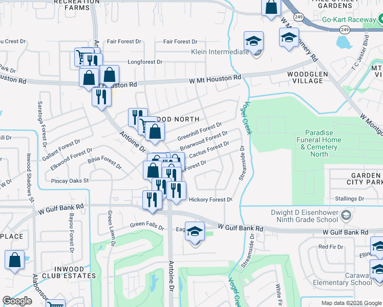 map of restaurants, bars, coffee shops, grocery stores, and more near 5535 Briarwood Forest Drive in Houston