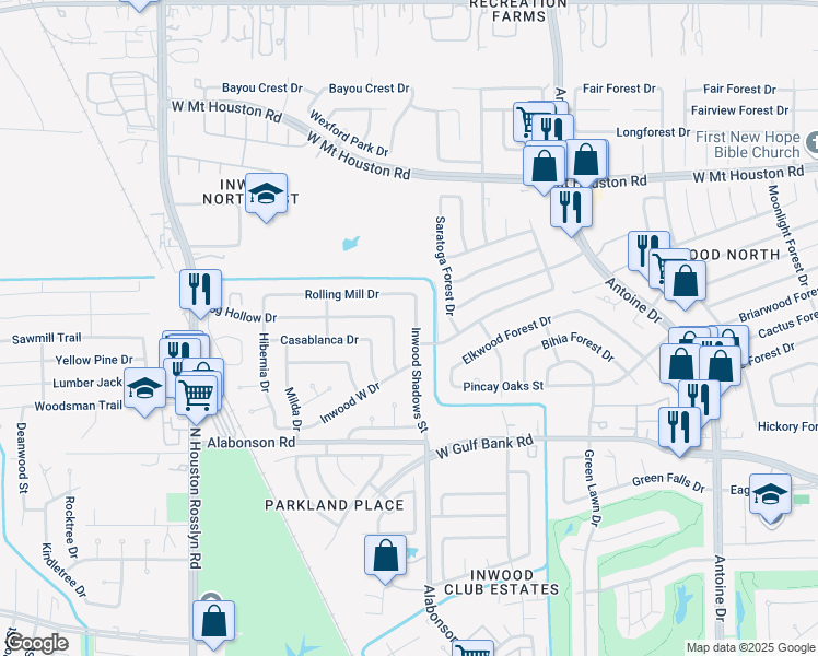 map of restaurants, bars, coffee shops, grocery stores, and more near 10202 Inwood Shadows Street in Houston