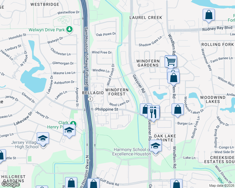 map of restaurants, bars, coffee shops, grocery stores, and more near 14602 Wind Lock Circle in Houston