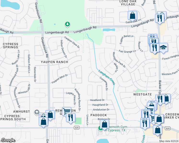 map of restaurants, bars, coffee shops, grocery stores, and more near 7678 Connemara Drive in Cypress