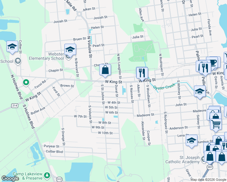 map of restaurants, bars, coffee shops, grocery stores, and more near 821 West 1st Street in St. Augustine