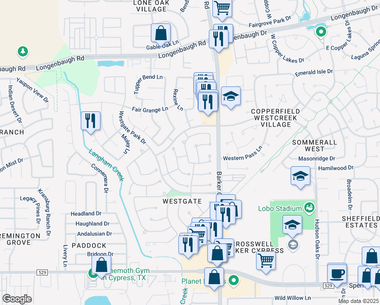 map of restaurants, bars, coffee shops, grocery stores, and more near 18103 Golden Thistle Court in Cypress