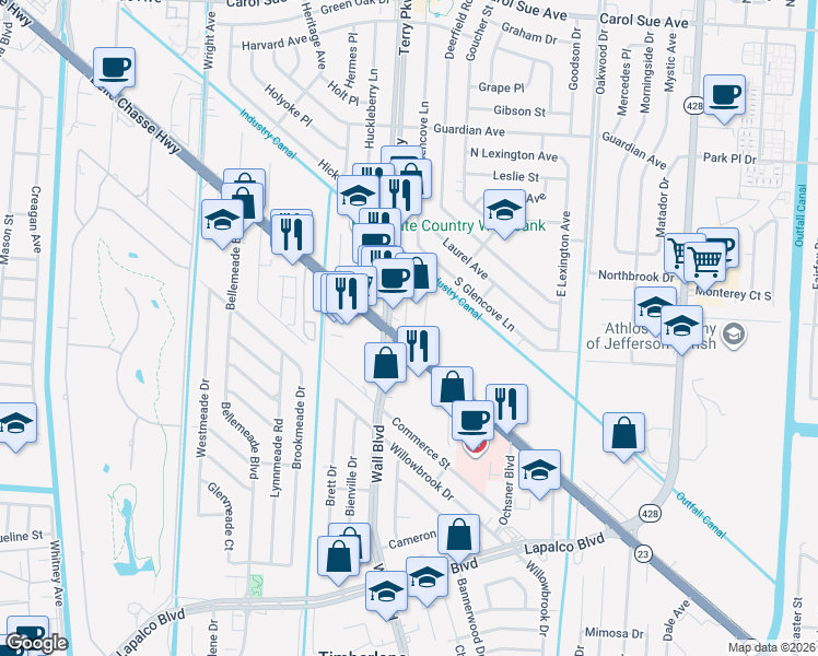 map of restaurants, bars, coffee shops, grocery stores, and more near 2325 Belle Chasse Highway in Terrytown