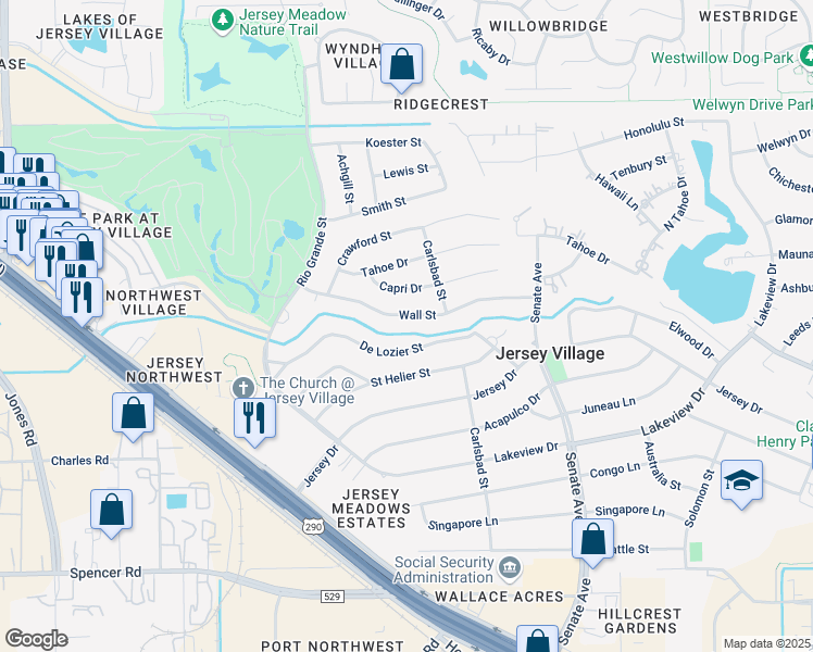 map of restaurants, bars, coffee shops, grocery stores, and more near 16213 Wall Street in Jersey Village
