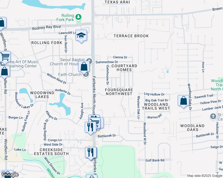 map of restaurants, bars, coffee shops, grocery stores, and more near 7806 East Ridge Drive in Houston