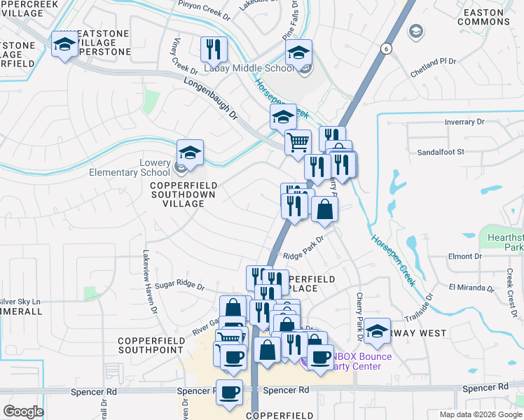 map of restaurants, bars, coffee shops, grocery stores, and more near 15711 Windy Glen Drive in Houston