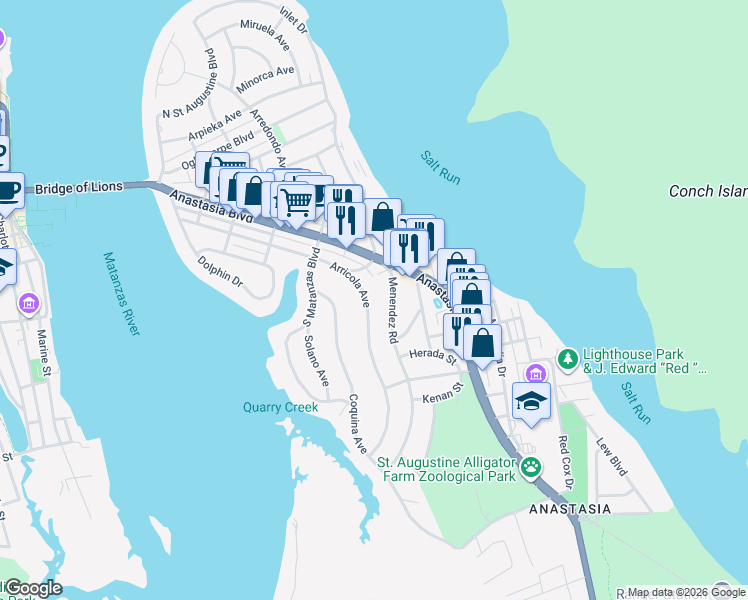 map of restaurants, bars, coffee shops, grocery stores, and more near 430 Arricola Avenue in St. Augustine