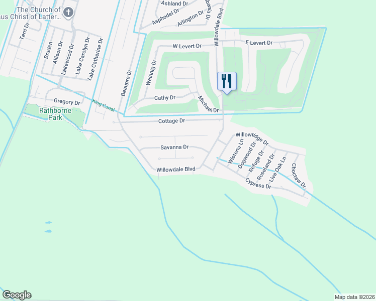 map of restaurants, bars, coffee shops, grocery stores, and more near 108 Savanna Drive in Luling