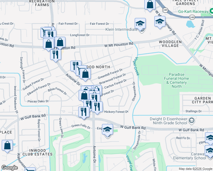 map of restaurants, bars, coffee shops, grocery stores, and more near 5535 Briarwood Forest Drive in Houston