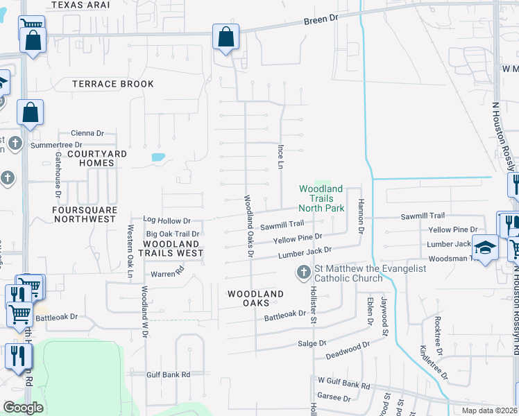 map of restaurants, bars, coffee shops, grocery stores, and more near 10210 Woodland Oaks Drive in Houston