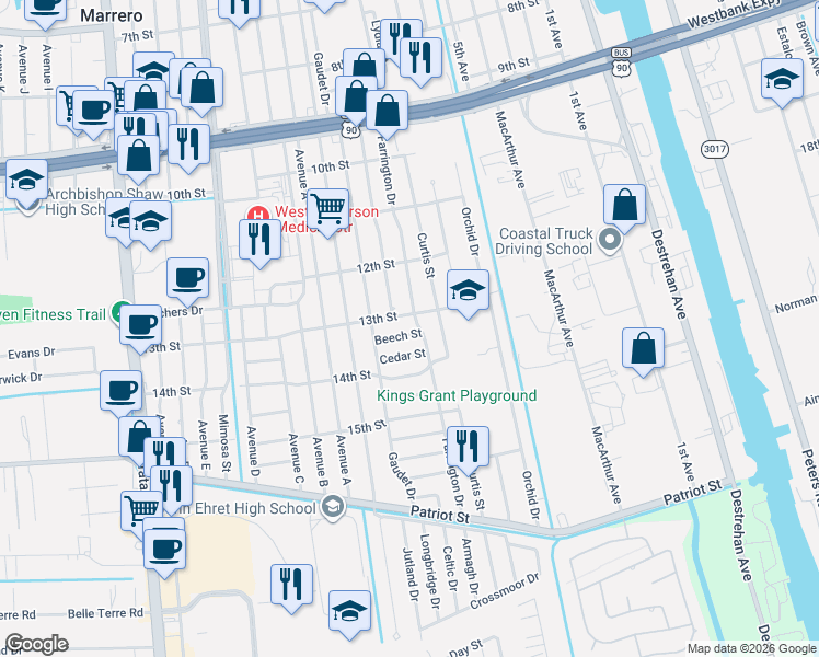 map of restaurants, bars, coffee shops, grocery stores, and more near 1300 Farrington Drive in Marrero