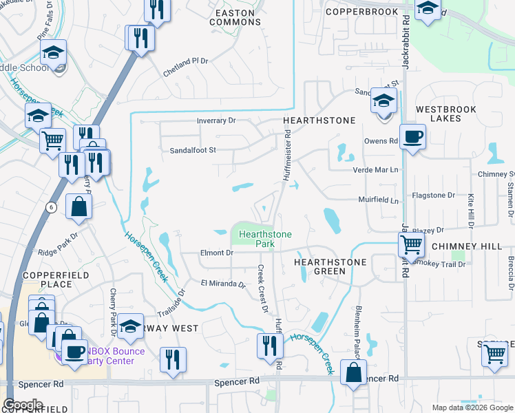 map of restaurants, bars, coffee shops, grocery stores, and more near 7663 Ameswood Road in Houston