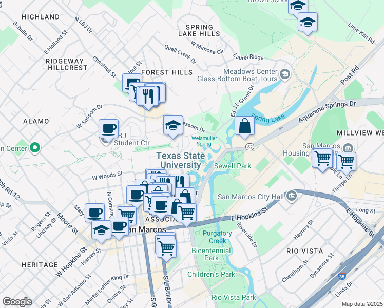 map of restaurants, bars, coffee shops, grocery stores, and more near 601 University Drive in San Marcos