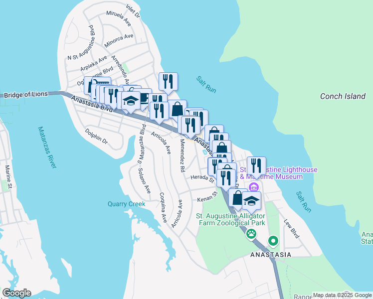 map of restaurants, bars, coffee shops, grocery stores, and more near 16 Menendez Road in St. Augustine
