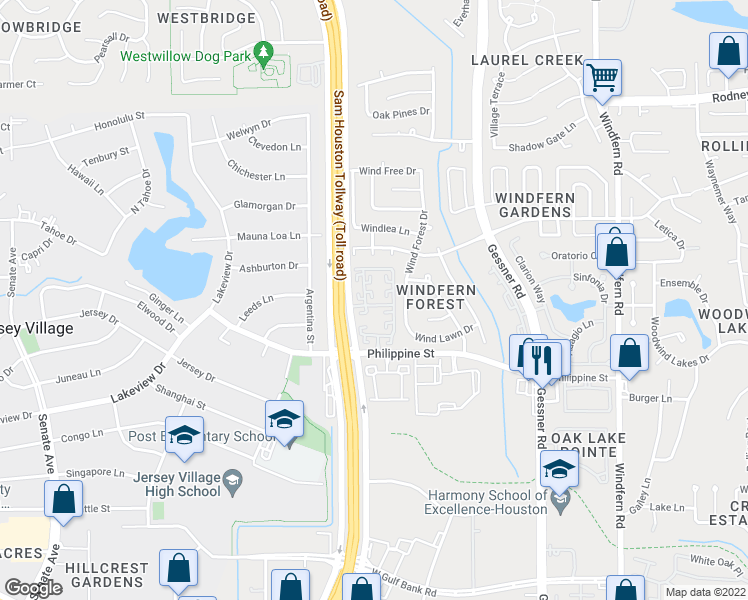 map of restaurants, bars, coffee shops, grocery stores, and more near 15000 Philippine Street in Houston