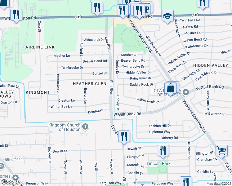 map of restaurants, bars, coffee shops, grocery stores, and more near 8810 Bisley Lane in Houston