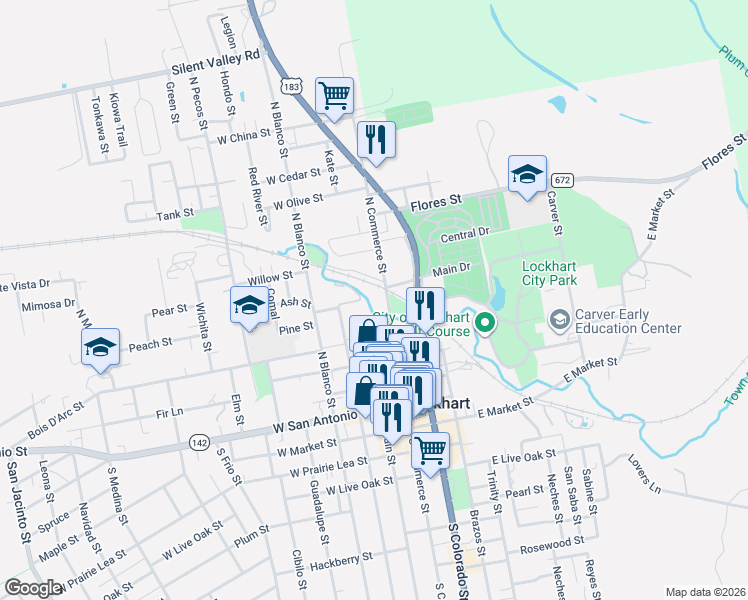 map of restaurants, bars, coffee shops, grocery stores, and more near 505 North Commerce Street in Lockhart