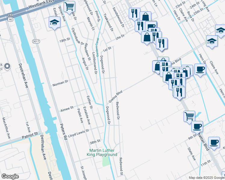 map of restaurants, bars, coffee shops, grocery stores, and more near 1437 Maplewood Drive in Harvey