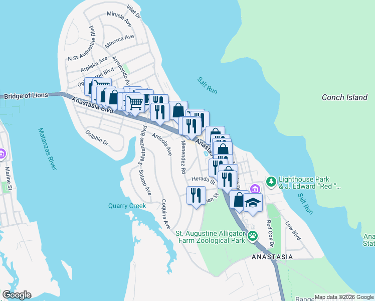 map of restaurants, bars, coffee shops, grocery stores, and more near 16 Menendez Road in St. Augustine