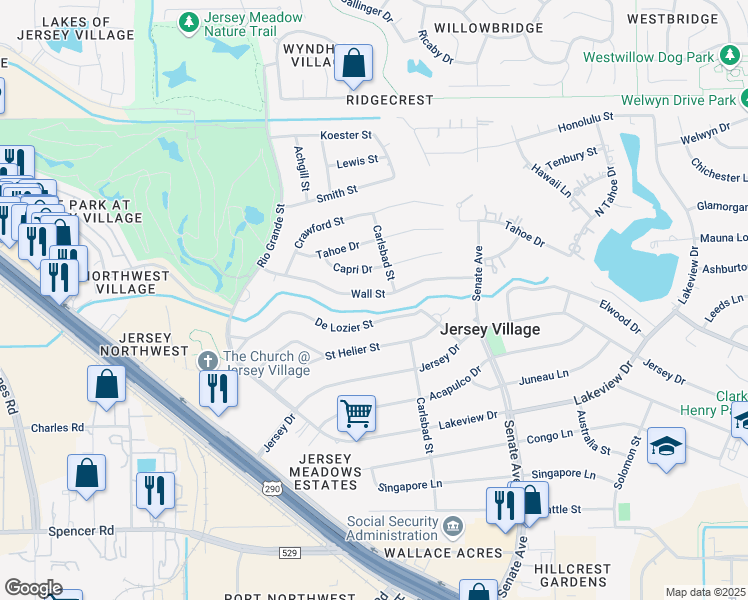 map of restaurants, bars, coffee shops, grocery stores, and more near 16213 Wall Street in Jersey Village