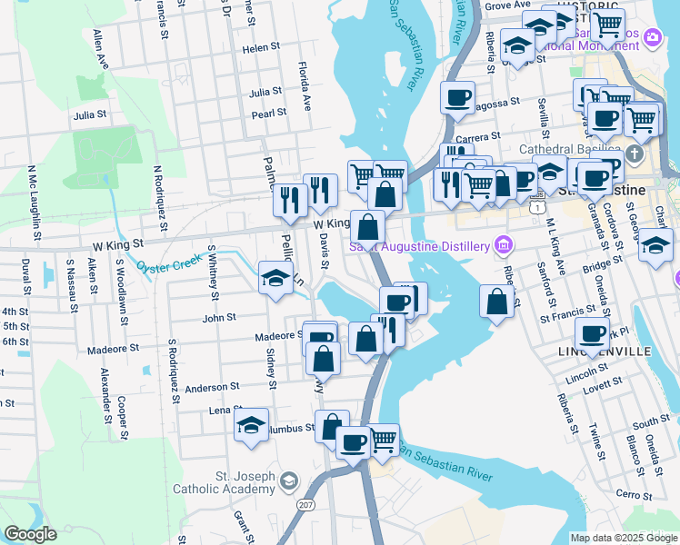 map of restaurants, bars, coffee shops, grocery stores, and more near 33 Davis Street in St. Augustine