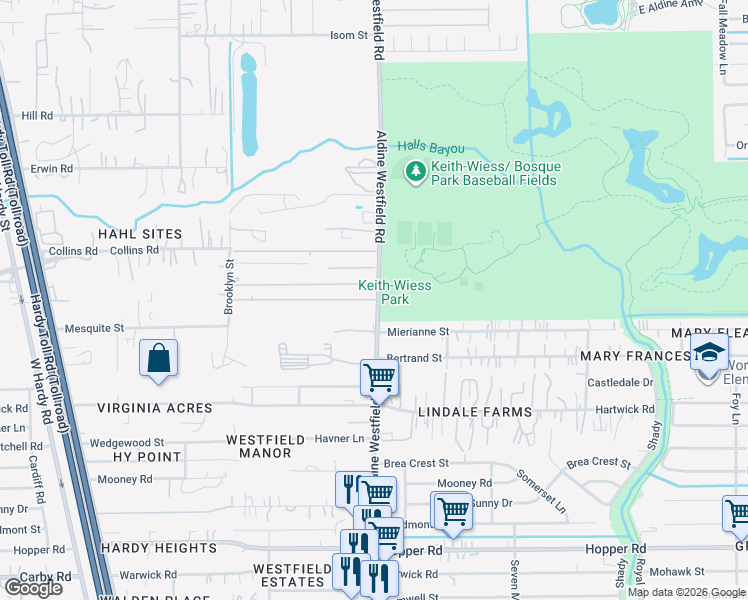 map of restaurants, bars, coffee shops, grocery stores, and more near 12035 Aldine Westfield Road in Houston