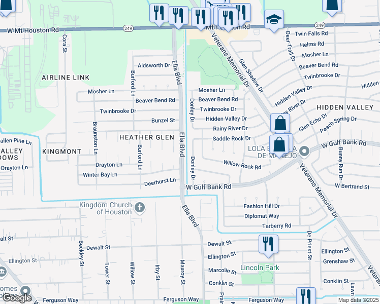 map of restaurants, bars, coffee shops, grocery stores, and more near 8810 Bisley Lane in Houston