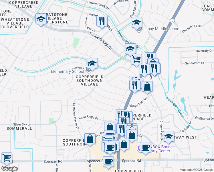 map of restaurants, bars, coffee shops, grocery stores, and more near 7503 Creek Glen Drive in Houston