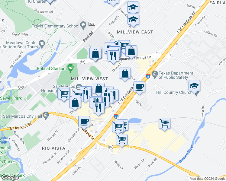 map of restaurants, bars, coffee shops, grocery stores, and more near 1348 Thorpe Lane in San Marcos