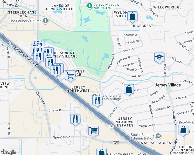 map of restaurants, bars, coffee shops, grocery stores, and more near 16500 Rio Grande Street in Jersey Village