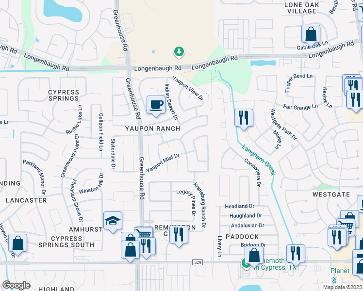 map of restaurants, bars, coffee shops, grocery stores, and more near 19205 Yaupon Ridge Court in Cypress