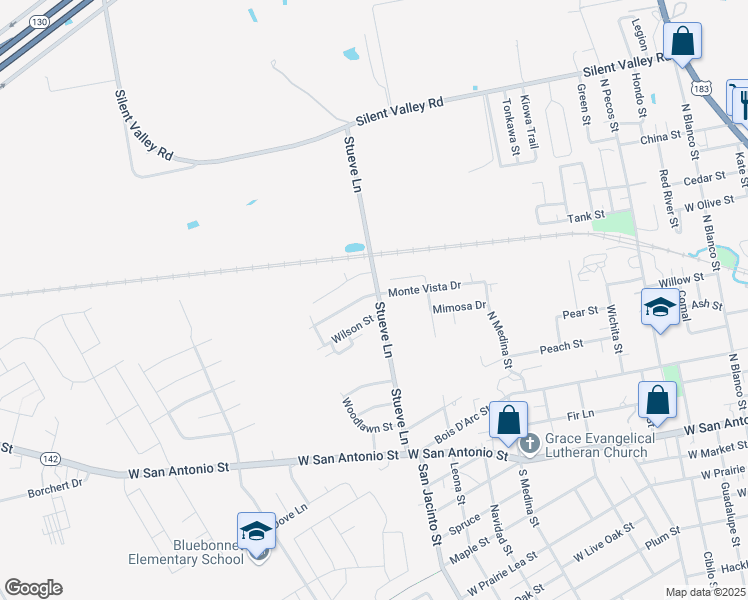 map of restaurants, bars, coffee shops, grocery stores, and more near 1300 Monte Vista Drive in Lockhart