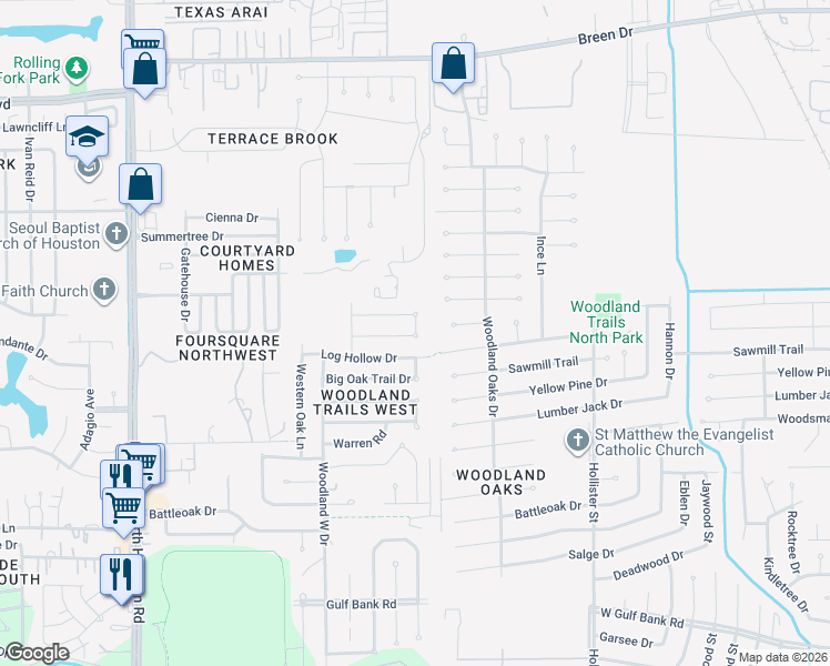 map of restaurants, bars, coffee shops, grocery stores, and more near 8034 Trail Side Drive in Houston
