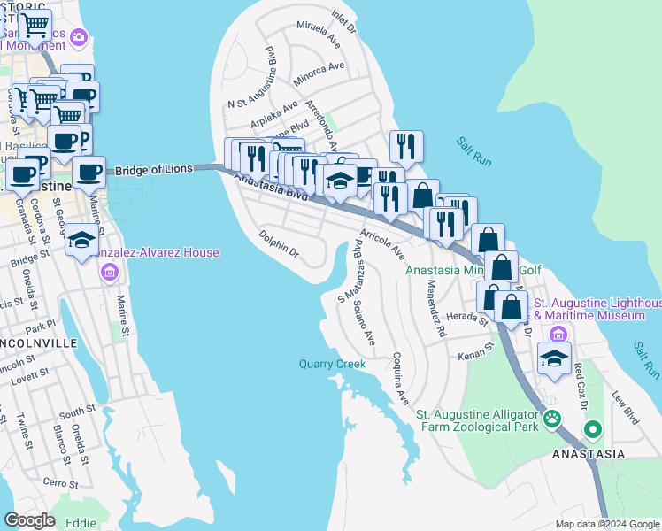 map of restaurants, bars, coffee shops, grocery stores, and more near 78 Dolphin Drive in St. Augustine
