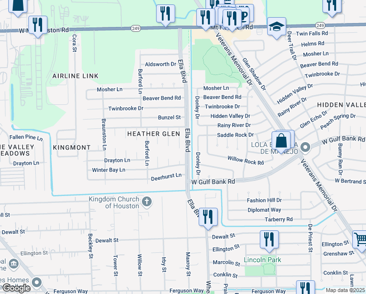 map of restaurants, bars, coffee shops, grocery stores, and more near 8810 Bisley Lane in Houston
