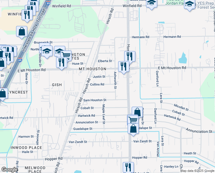 map of restaurants, bars, coffee shops, grocery stores, and more near 5810 Collins Road in Houston