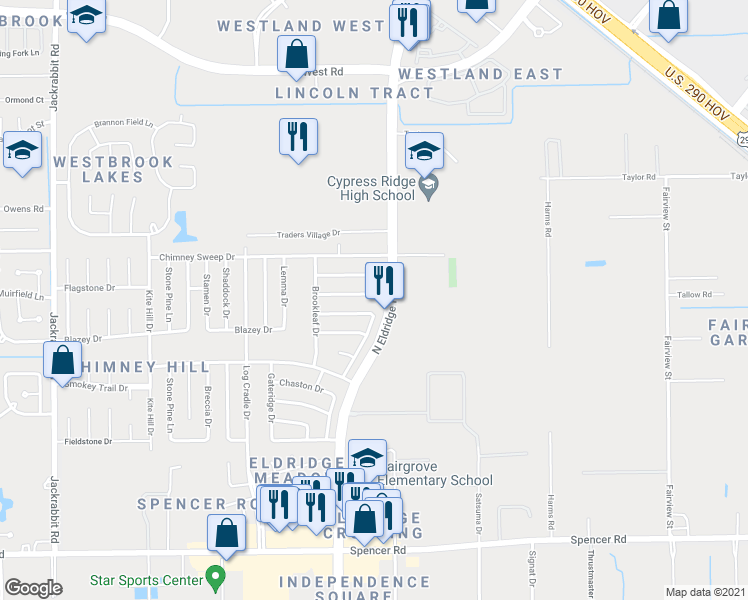 map of restaurants, bars, coffee shops, grocery stores, and more near 13139 Pebblewalk Circle South in Houston
