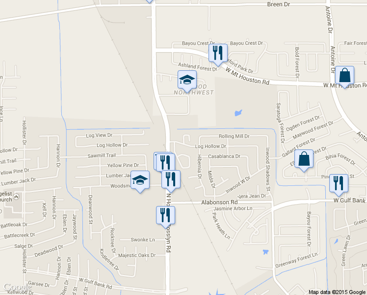 map of restaurants, bars, coffee shops, grocery stores, and more near 6923 Log Hollow Drive in Houston