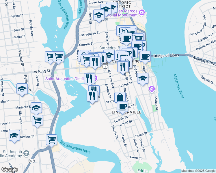 map of restaurants, bars, coffee shops, grocery stores, and more near 41 Sanford Street in St. Augustine