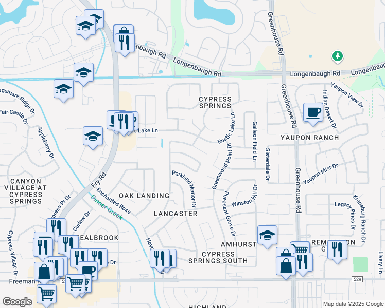map of restaurants, bars, coffee shops, grocery stores, and more near 19902 Laurel Trail Drive in Cypress