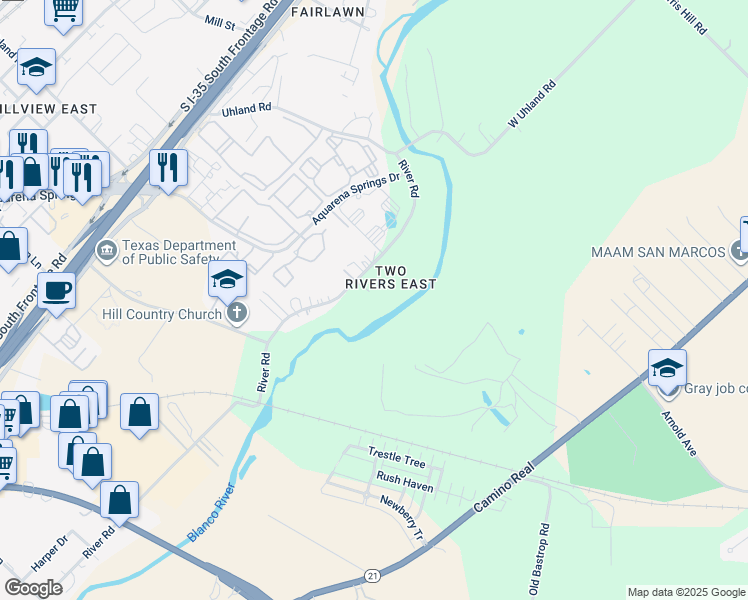 map of restaurants, bars, coffee shops, grocery stores, and more near 2210 River Road in San Marcos