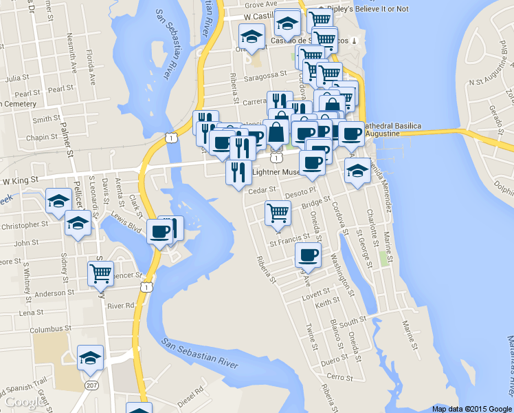 map of restaurants, bars, coffee shops, grocery stores, and more near 124 Bravo Street in St. Augustine