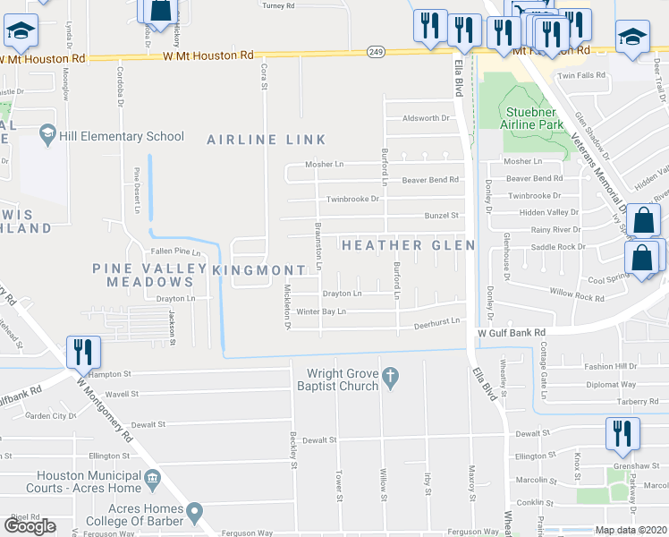 map of restaurants, bars, coffee shops, grocery stores, and more near 8722 Chipping Lane in Houston