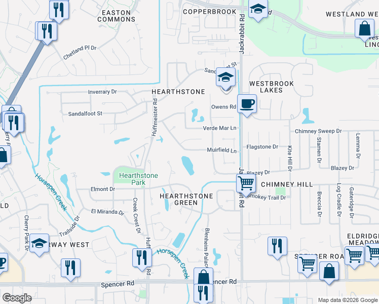 map of restaurants, bars, coffee shops, grocery stores, and more near 14401 Muirfield Lane in Houston